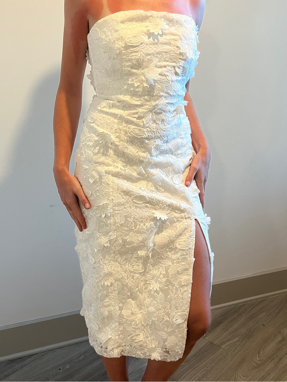 Lulu's Strapless White Floral Appliqué Midi Dress with Side Slit